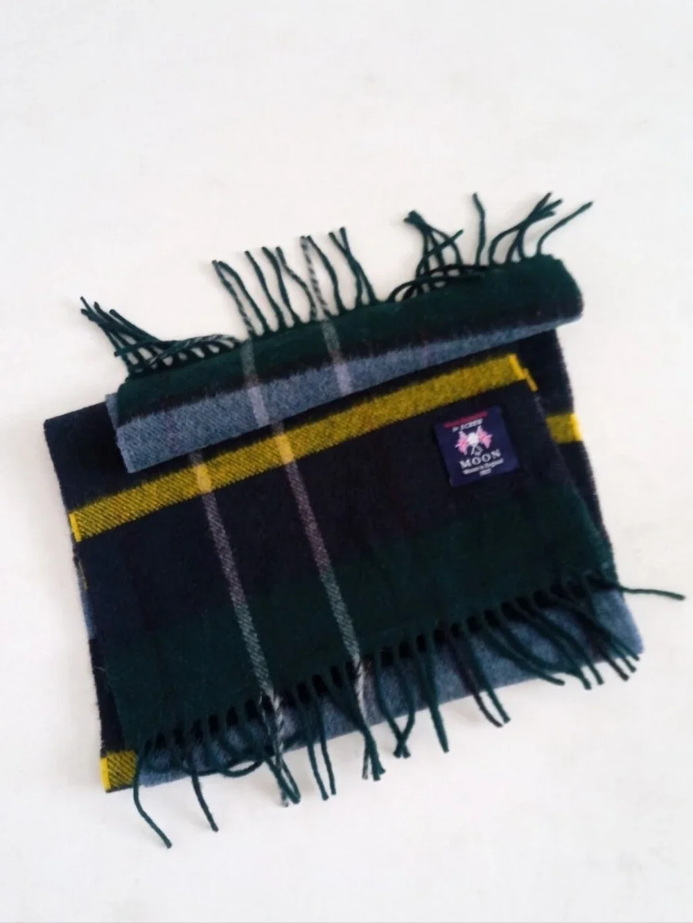 MOON for J. Crew wool plaid scarf in deep green and navy with yellow stripe high